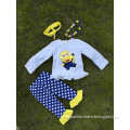 Yellow people Minion print pant ruffle kids boutique bule/white dot outfits girls suit with matching necklace and headband